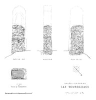 Les Toureilles (Haute-Garonne) - Plan au niveau de l'inscription et trois élévations pierre à pierre à l'échelle 1/20e des façades est, sud et ouest