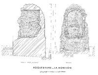 Pile la Montjoie (Roquebrune, Gers) - Élévation pierre à pierre de la façade sud-est/nord-ouest et coupe de la façade sud-est à l'échelle 1/20e